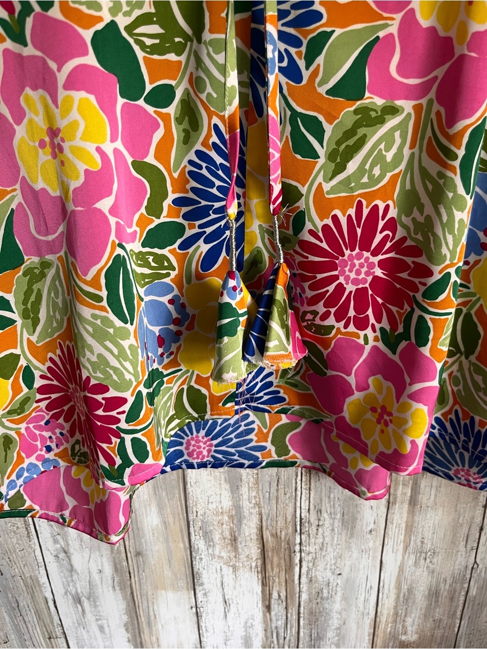 THML Floral Tassel Tie Blouse Smocked Sleeve Ruffle Top Medium Boutique - Picture 3 of 6